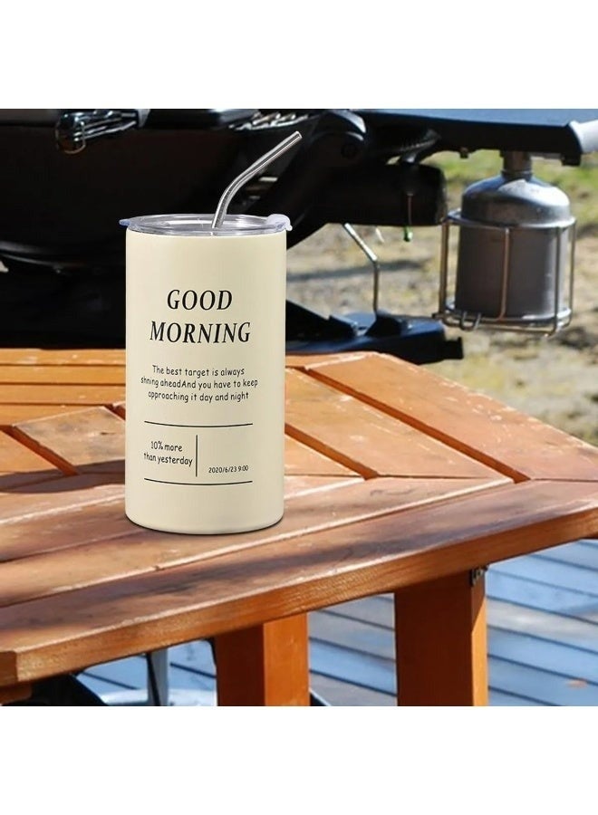 كوب سفر وتخييم معزول بتفريغ الهواء بجدار مزدوج سعة 600 مل - حامل قهوة ومشروبات من الفولاذ المقاوم للصدأ مقاوم للانسكاب مع ماصة وغطاء - بيج - Image 5